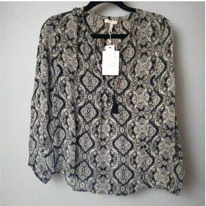 Joie Silk Shirt Womens Small Black V-Neck Long Sleeve Paisley Tassels Calla Top